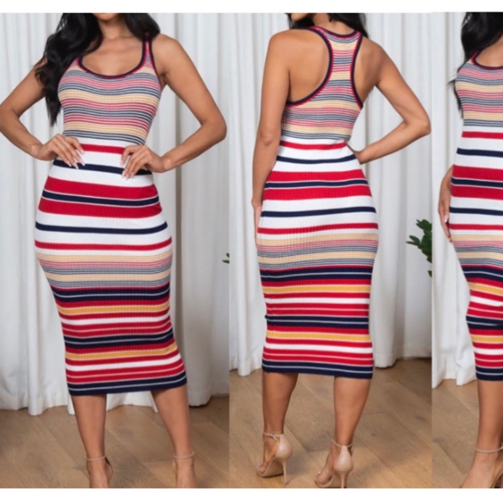 NWT Racerback Red Navy Multi Striped Scoop Neck Bodycon Knit Midi Tank Dress Y2K